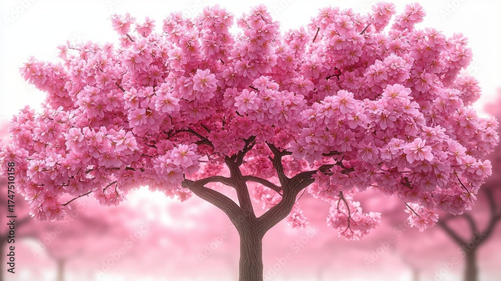 Obraz premium Majestic tree covered in dense pink blossoms with a sturdy brown trunk, standing prominently with soft blurred background of similar flowering trees, evoking tranquility and beauty