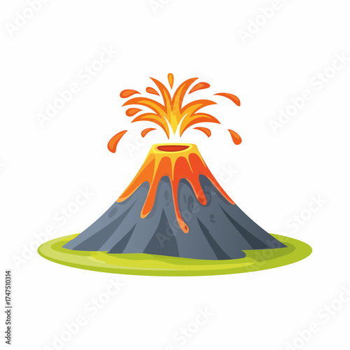 Cartoon Illustration of an Active Volcano Erupting with Lava and Ash Plumes