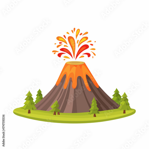Cartoon Volcano Eruption with Lava Flow and Trees on a Green Island Illustration