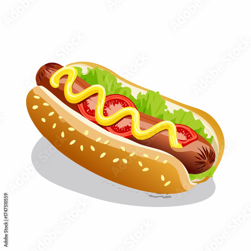Delicious Hot Dog Cartoon Vector Illustration with Mustard and Vegetables