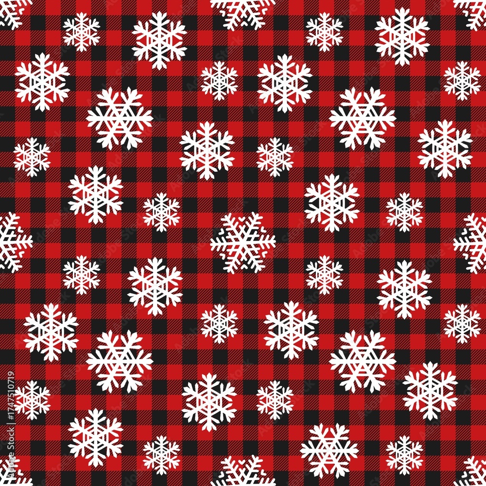 custom made wallpaper toronto digitalSnowflakes pattern on red and black gingham checkered plaid background. Festive seamless design perfect for Christmas, winter holidays, and cozy seasonal decorations.