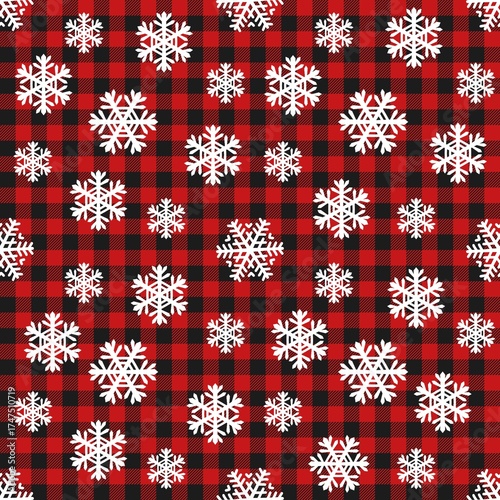 Wallpaper Mural Snowflakes pattern on red and black gingham checkered  plaid background. Festive seamless design perfect for Christmas, winter holidays, and cozy seasonal decorations. Torontodigital.ca