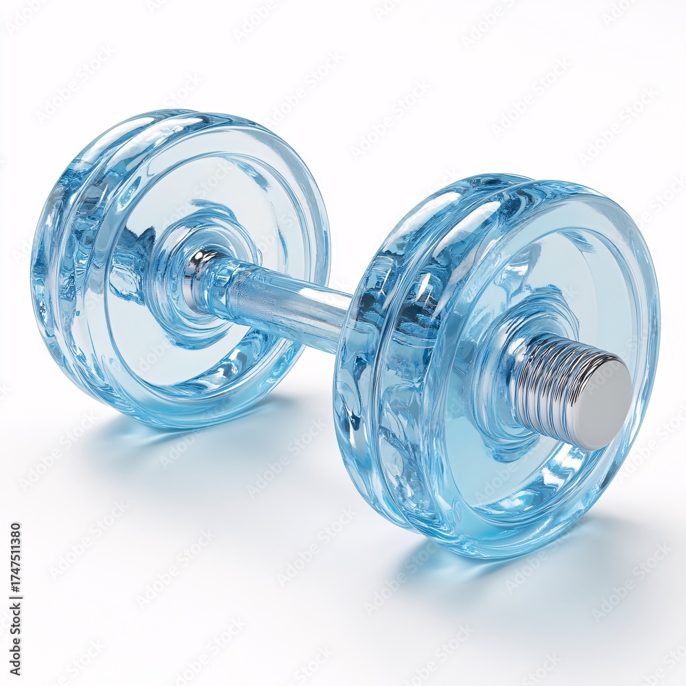 Obraz premium Elegant light blue glass dumbbell, a fusion of artistry and fitness, captured in a pristine isolated in white background. Symbolizing strength, beauty, and modern wellness pursuits and achievements.