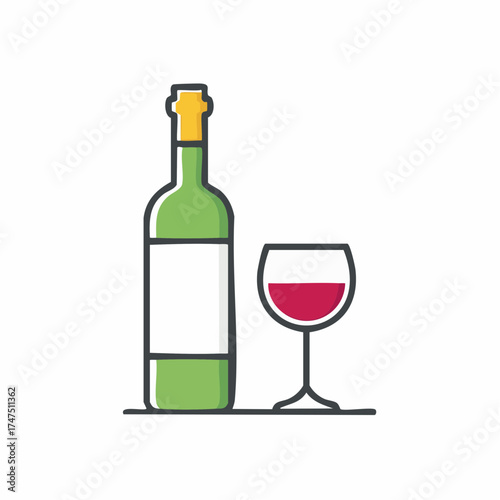 Minimalist wine bottle and glass illustration for beverage related designs