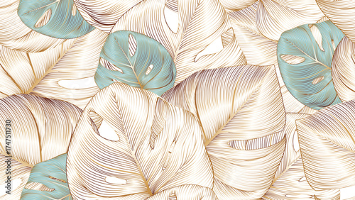 Luxury seamless floral background with golden monstera leaves. Romantic pattern template for wall decor.
