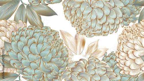 Luxury floral seamless abstract pattern with golden chrysanthemum flowers. Hand drawn background for printing on fabric, wallpaper, paintings, invitations to bridal ceremonies.