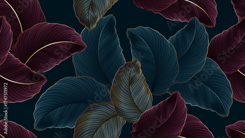 Luxury seamless floral background with golden leaves. Romantic pattern template for wall decor.