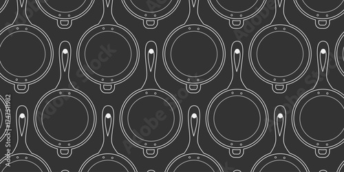 Outline Skillet on hobnail Chalk Effect Seamless pattern on Dark Backdrop Banner Format Kitchen Fond