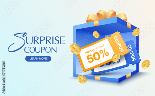 Surprise Coupon promotional banner featuring an open blue gift box with golden ribbons, flying gold coins, and discount tickets offering 50% off for a holiday event. 3d vector illustration. Vector