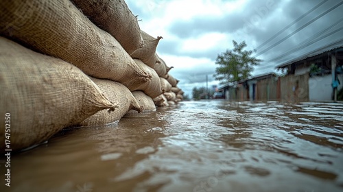 Close-up view of sandbags protecting a flooded street with murky water under a cloudy sky and partially visible buildings and trees in the background
