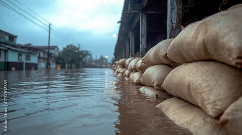 Flooded urban street with sandbag barriers protecting buildings under cloudy sky during early evening