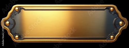 rectangular golden brass nameplate with ornate edges and reflective metallic surface on black background