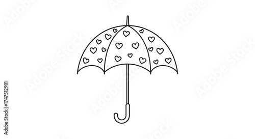 A simple line drawing of an open umbrella with a pattern of hearts covering its canopy.