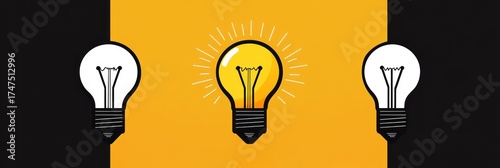 Three light bulbs on a black and yellow background with one central bulb glowing brightly, symbolizing creativity and ideas