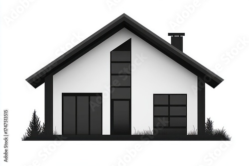 modern single-story house with a steep pitched roof, large windows, chimney, and minimalist landscaping on a white background