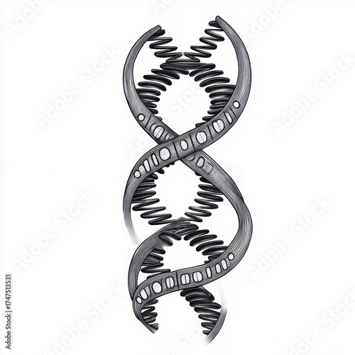 Detailed black and white illustration of a twisting double helix representing DNA structure with distinct rungs and shading giving a three-dimensional effect