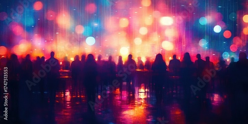 Silhouettes of a crowd gathered in a brightly lit space with colorful, diffuse lights creating a vibrant, energetic atmosphere