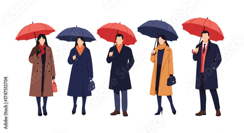 A diverse group of people dressed in winter coats holding umbrellas on a cloudy day.