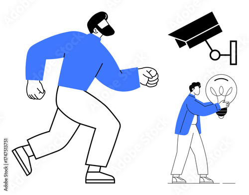 Man walking confidently observed by a security camera, while another holds a light bulb symbolizing ideas. Ideal for themes of surveillance, innovation, progress, privacy, creativity, modern ethics