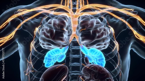 Digital abstract blue energy X-ray anatomy illustration of a human body head and brain with lightning texture