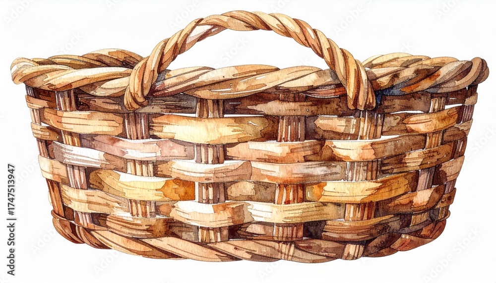 Obraz premium Woven Basket with Handle in Shades of Brown and Beige on White Background
