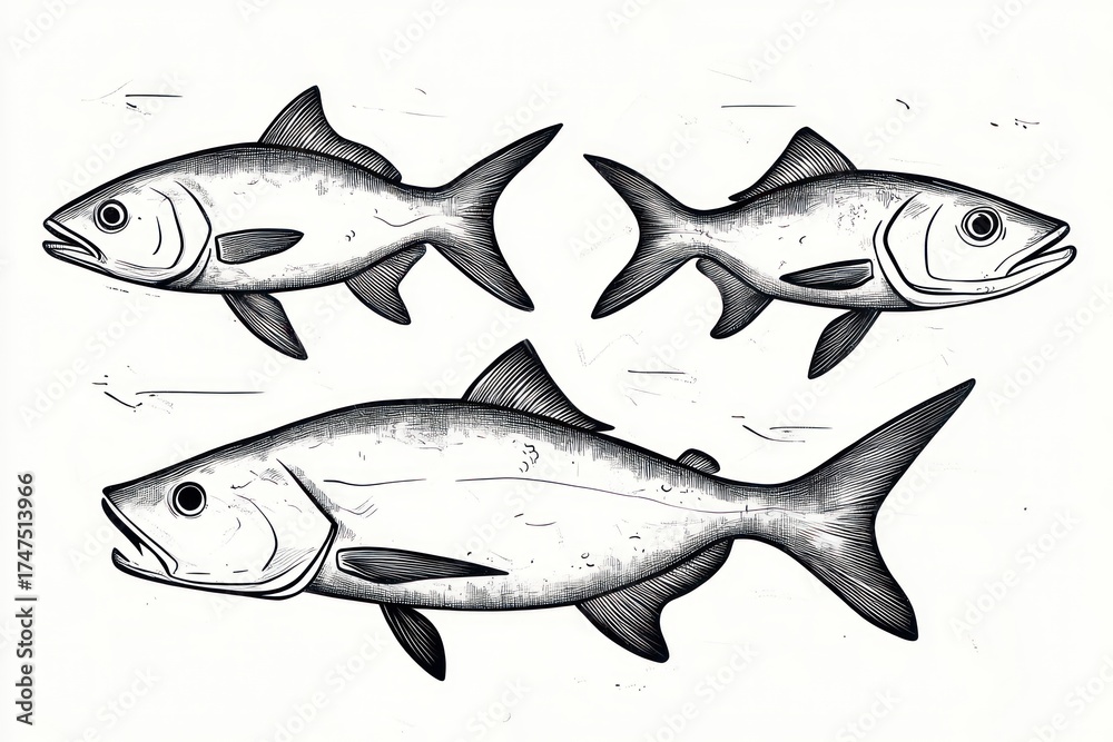 Obraz premium Black and white detailed illustration of three fish swimming with visible scales fins and expressive eyes on a white background