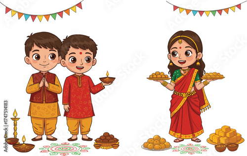 Happy children celebrating Diwali festival with traditional sweets, diya lamps, rangoli, Indian clothes, joy, culture, festive decoration, cartoon illustration