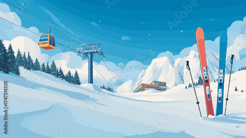 winter outdoors, skis, and a gondola in the background flat illustration of ski resort landscape. Modern, minimalist design,aesthetic winter poster for a travel agency or holiday on snow-capped mounta