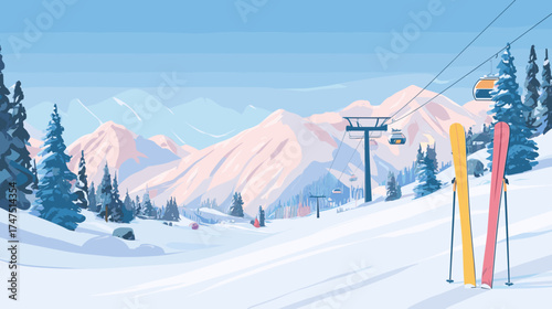 winter outdoors, skis, and a gondola in the background flat illustration of ski resort landscape. Modern, minimalist design,aesthetic winter poster for a travel agency or holiday on snow-capped mounta