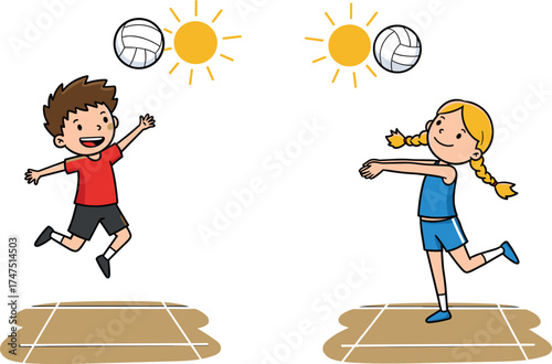 Happy children playing volleyball outdoors in sunshine, summer sports activity, teamwork, fun game, exercise, beach play, cartoon illustration, healthy lifestyle