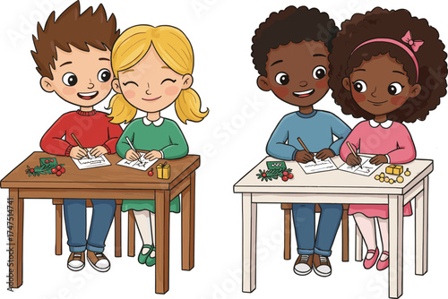 Happy children writing letters together at school desk, diverse kids drawing holiday cards, friendship, learning, creativity, education, teamwork illustration