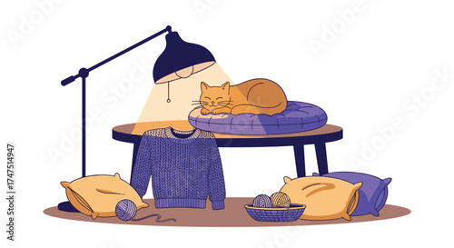 A cozy scene with a cat sleeping peacefully under a lamp surrounded by pillows and a sweater.