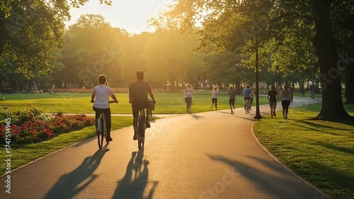 People bike and jog on a winding park path in the golden light of setting sun