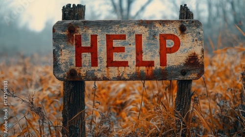 weathered wooden sign with the word help in faded red letters standing among dry grass in an outdoor natural setting conveying a plea or distress