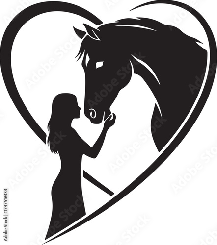 Woman and Horse Love Heart Silhouette Equine Bond Vector Art