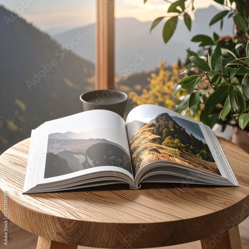 Open Landscape Book on Wooden Table with Mountain Views and Potted Plant