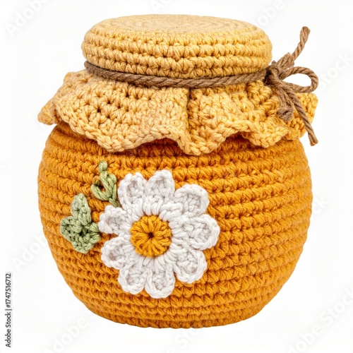 Handmade Knitted Honey Pot with Yellow Yarn and Flower Applique Isolated on White