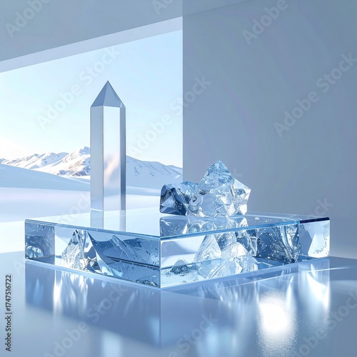 Abstract Ice Platform with Geometric Tower Against Snowy Mountain Landscape