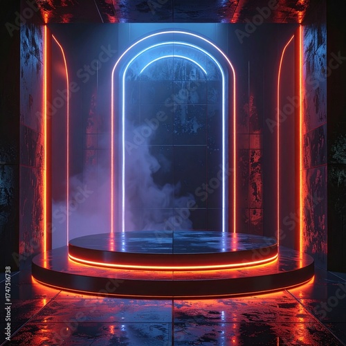 Dramatic Neon Lit Circular Stage with Arched Backdrops Against Concrete Wall