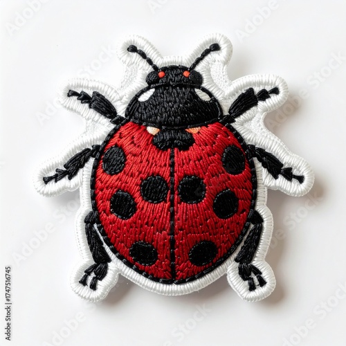 Embroidery Patch of a Red Ladybug with Black Spots on White Fabric Background