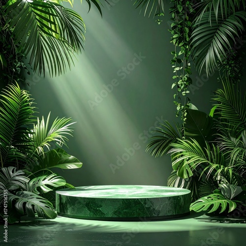 Emerald Green Podium in a Tropical Rainforest with Sunbeams and Foliage