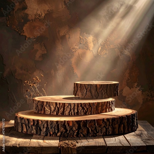 Three Tiered Wooden Podium for Product Display with Dramatic Lighting and Brown Textured Background