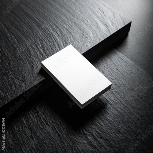 Stack of White Business Cards on Black Slate with Geometric Bar Overlay