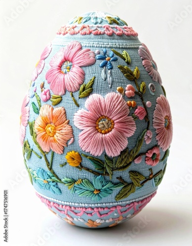 Embroidered Easter Egg Ornament With Pink And Peach Flowers On Light Blue Background