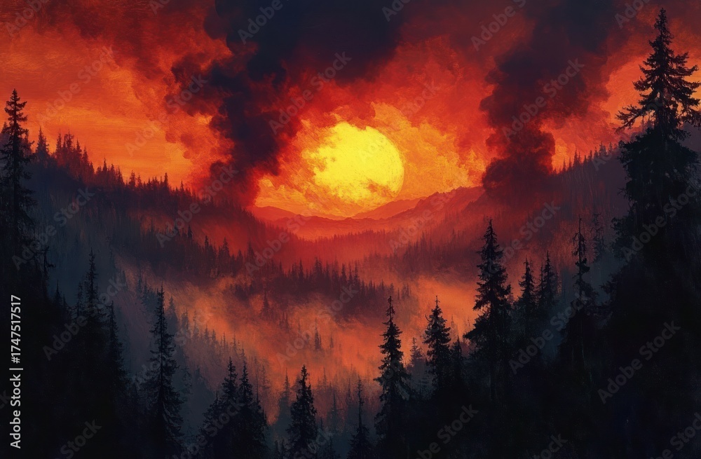 Fototapeta premium Dramatic sunset glowing behind dark smoky wildfire over dense forested mountains with silhouetted trees in foreground