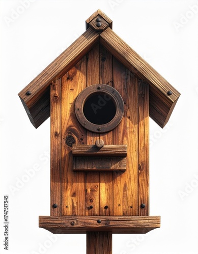 Rustic Wooden Birdhouse with Circular Opening on White Background Outdoor Decor Shelter