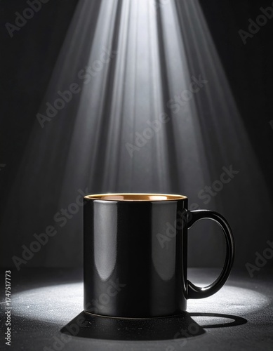 Dramatic Studio Shot of Black Mug with Gold Interior Under Bright Spotlight