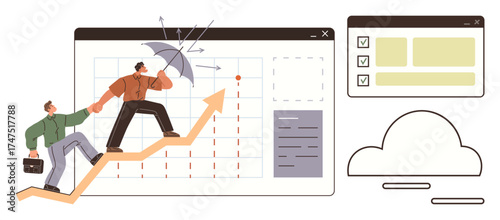 Two people ascend a graph arrow as one shields them with an umbrella, symbols of webpages and cloud storage nearby. Ideal for teamwork, growth, protection, data safety, progress, planning, business