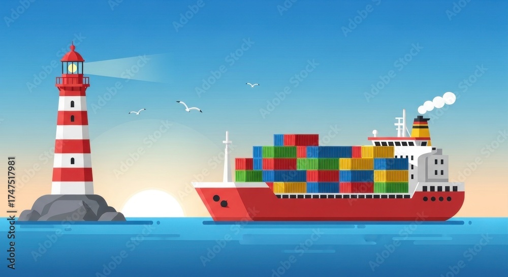 Obraz premium Red and white lighthouse guides large cargo ship with colorful containers at sea