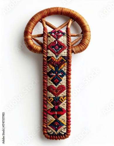Artisanal Weaving Circular Ornament With Geometric Patterns on a White Background in Studio Lighting